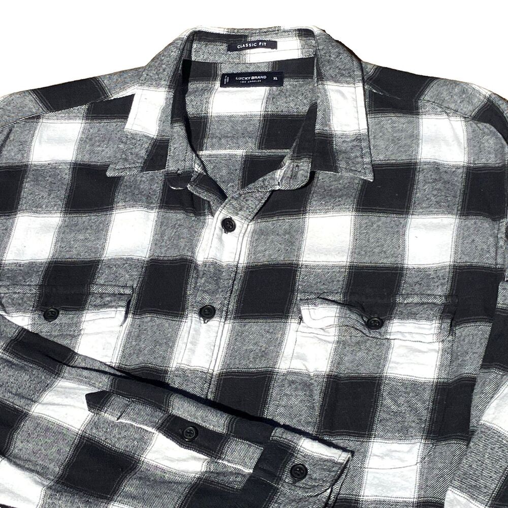 Lucky Brand Flannel Buffalo Plaid Black White XL Classis Fit Soft Cotton Outdoor